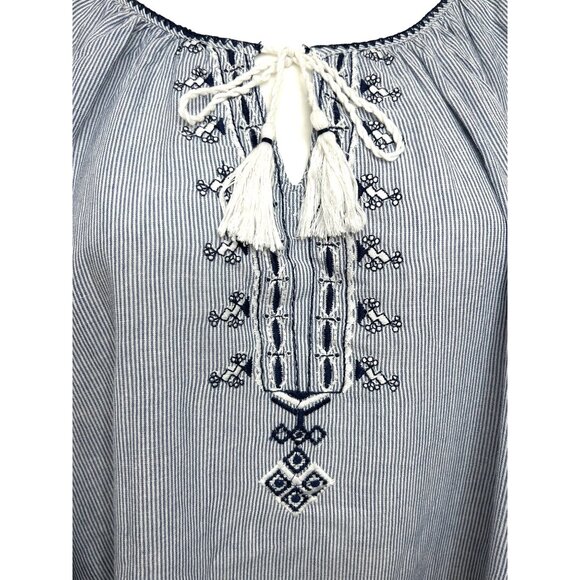 Westport Blouse 1X Blue White Peasant Boho Long Sleeve Embroidery Geometric - Picture 9 of 13